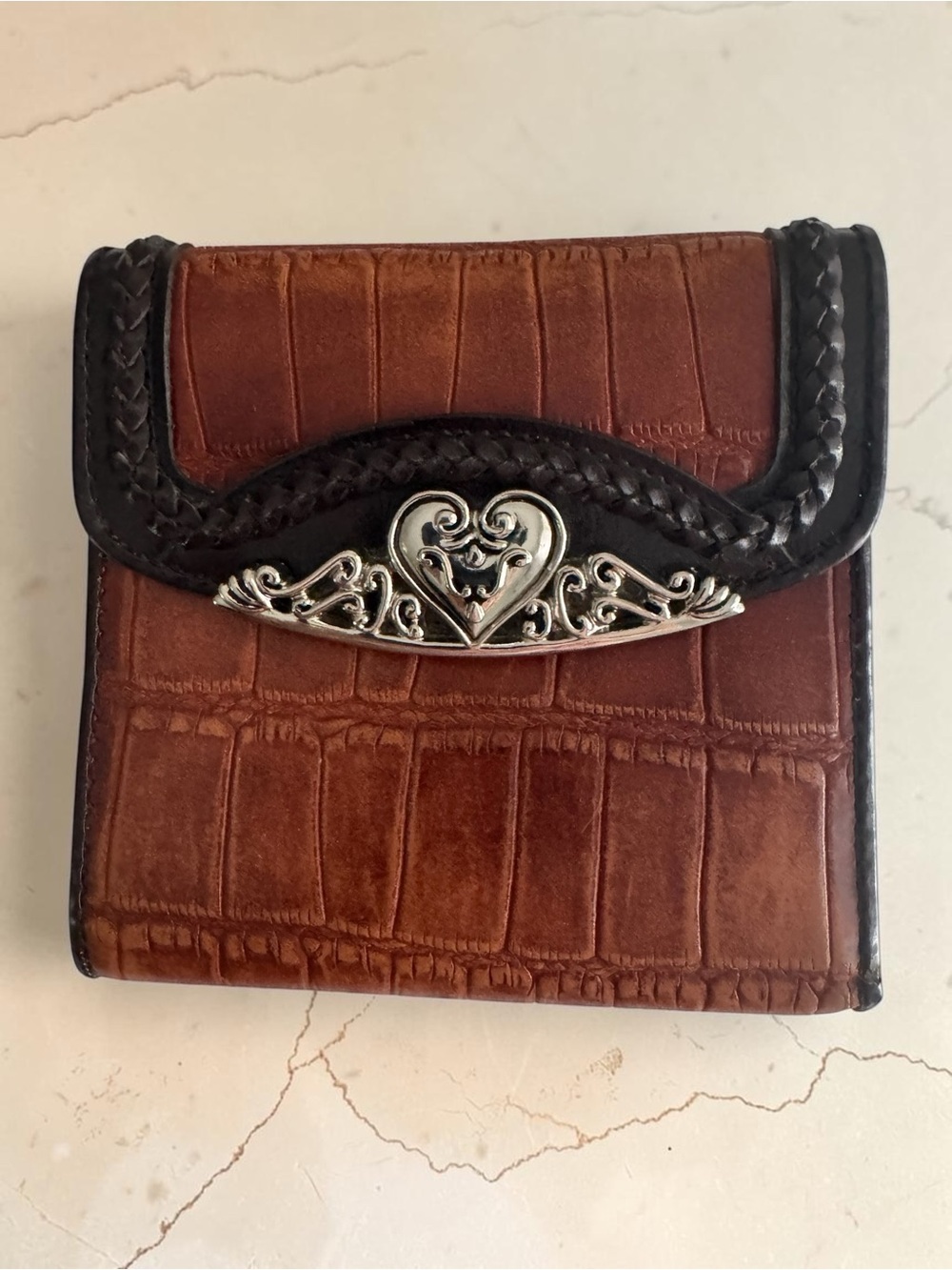 Brighton Brown/Black Croc Embossed Leather Tri-Fold Silver Heart Wallet